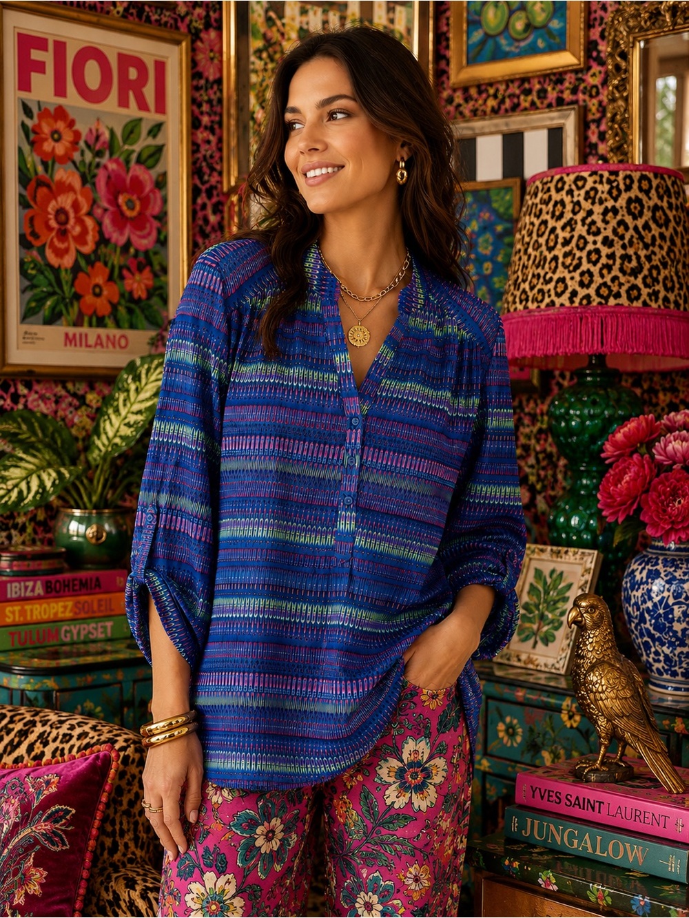 Truth NYC Blue Ikat Print Tunic Blouse 2X Boho Lightweight Top Maximumist